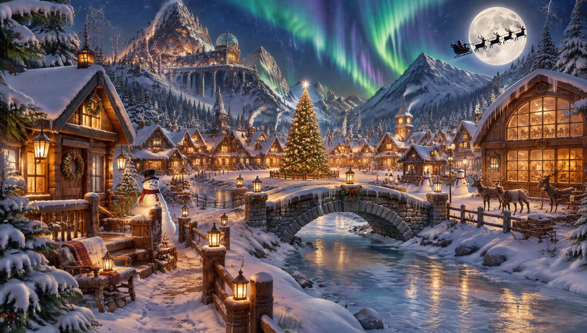 Snowy North Pole village at night with glowing cabins and northern lights